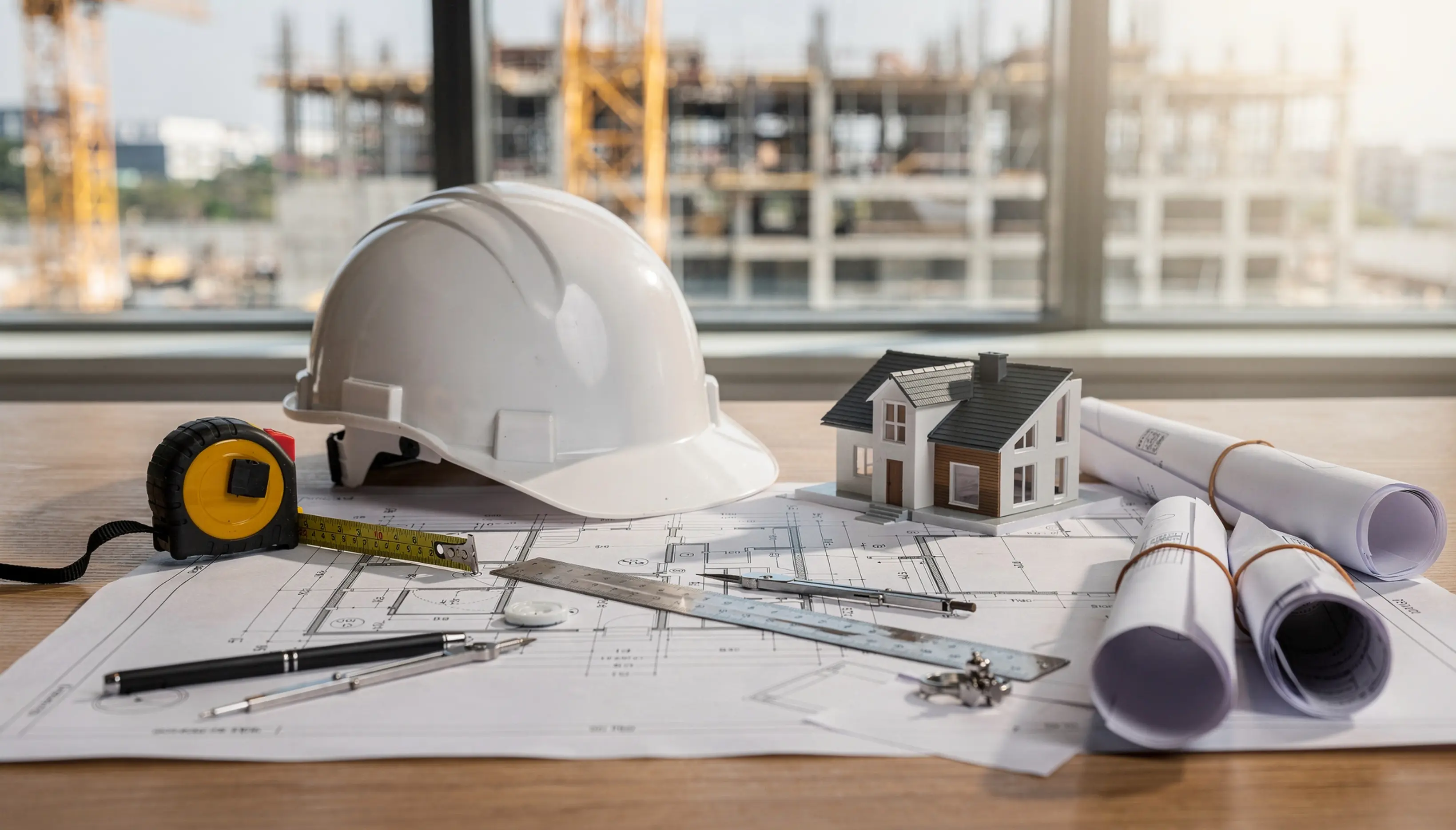 Baupläne mit Schutzhelm, Maßband und Hausmodell auf einem Planungstisch